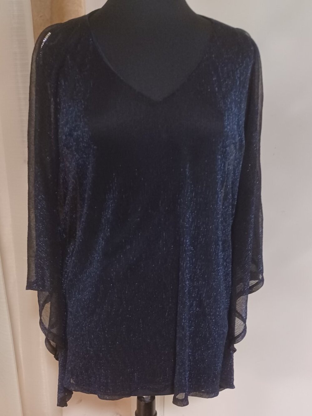 NY Collection Woman's Elegant  Blue Sparkly Top - Sheer Overlay Cami base